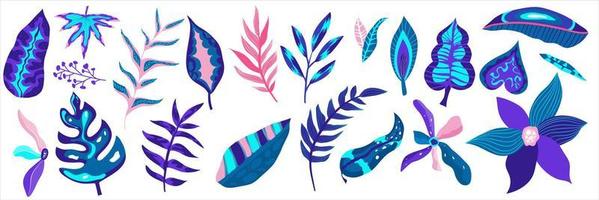 ensemble floral néon isolé pour la conception textile. jungle néon de couleur bleu, rose et violet. collection de design exotique moderne. motif d'été botanique lumineux vecteur