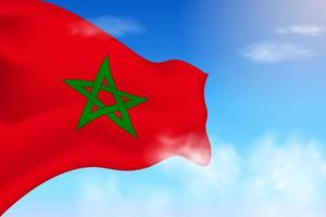 drapeau marocain dans les nuages. drapeau de vecteur agitant dans le ciel. illustration de drapeau réaliste de la fête nationale. vecteur de ciel bleu.