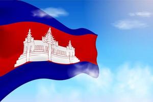 drapeau du cambodge dans les nuages. drapeau de vecteur agitant dans le ciel. illustration de drapeau réaliste de la fête nationale. vecteur de ciel bleu.