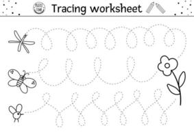 feuille de travail de pratique d'écriture manuscrite de forêt vectorielle. activité d'été en bois imprimable en noir et blanc pour les enfants. jeu de traçage éducatif pour les compétences en écriture avec des insectes mignons volant vers la fleur vecteur