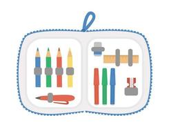 vecteur ouvert étui à crayons avec papeterie. retour à l'école clipart éducatif. fournitures de style plat mignon et matériel d'écriture. boîte avec crayons de couleur, feutres, stylo, taille-crayon, règle.