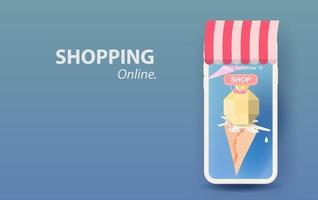 Art et artisanat en papier 3d de cône de vanille de crème glacée fondant pour le shopping mobile en ligne concept de saison d'été votre vecteur de fond d'espace de texte.façade de smartphone de boutique avec fond pastel coloré.
