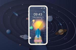 Art papier 3d de smartphone ou mobile avec démarrage de fusée de lancement pour le cercle du système solaire. exploration de l'espace de galaxie avec le concept de satellite et de planètes sur fond de couleur pastel vector.illustration vecteur