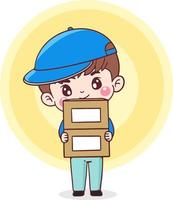 livreur de personnage de dessin animé. courrier en uniforme tenant des boîtes en carton. conception de vecteur isolé illustration plate