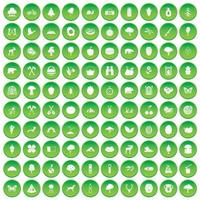 100 icônes de camping et de nature définissent un cercle vert vecteur