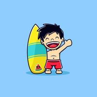 mignon garçon tenant une planche de surf en dessin animé d'été vecteur