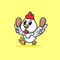 poulet mignon tenant du poulet frit tout en exécutant un dessin animé vecteur