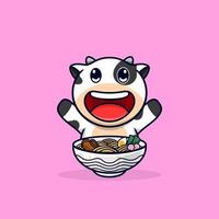 vache mangeant des nouilles ramen logo dessin animé vecteur