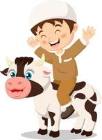 dessin animé mignon garçon musulman célébrant l'aïd al adha avec une vache vecteur