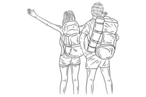 heureux couple aventure explorer voyage alpiniste camping romance périple sport dessin au trait dessiné à la main vecteur