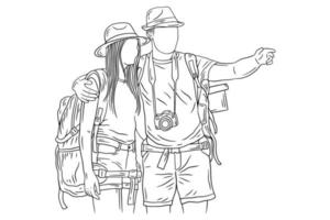 heureux couple aventure explorer voyage alpiniste camping romance périple sport dessin au trait dessiné à la main vecteur