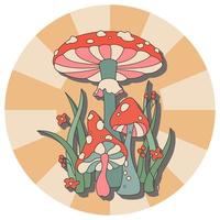 illustration vectorielle en couleur de champignons amanites tue-mouches, champignons vénéneux, herbes et fleurs aux couleurs de 1970 vecteur