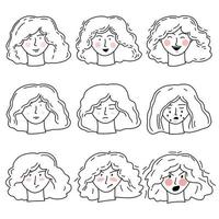 vecteur de doodle dessiné à la main serti de visages de fille avec différentes émotions de bonheur, de tristesse et de colère
