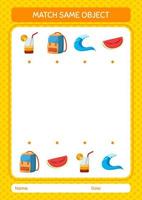 match avec la même icône d'été de jeu d'objet. feuille de travail pour les enfants d'âge préscolaire, feuille d'activité pour enfants vecteur
