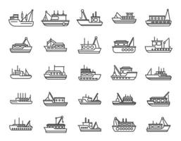 icônes de bateau de pêche définies vecteur de contour. fret maritime