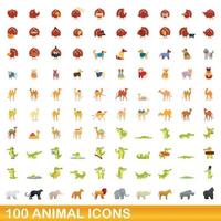 Ensemble de 100 icônes d'animaux, style dessin animé vecteur