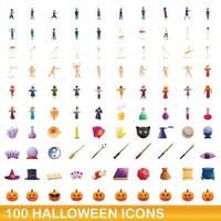 Ensemble de 100 icônes d'halloween, style dessin animé vecteur