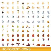 Ensemble de 100 icônes de forêt, style cartoon vecteur