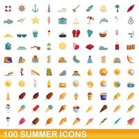 Ensemble de 100 icônes d'été, style cartoon vecteur