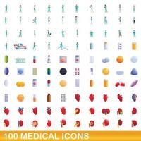 Ensemble de 100 icônes médicales, style cartoon vecteur