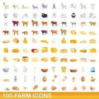 Ensemble de 100 icônes de ferme, style dessin animé vecteur