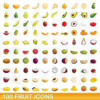 Ensemble de 100 icônes de fruits, style dessin animé vecteur