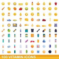 Ensemble de 100 icônes de vitamines, style dessin animé vecteur