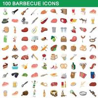 Ensemble de 100 icônes de barbecue, style dessin animé vecteur