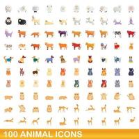 Ensemble de 100 icônes d'animaux, style dessin animé vecteur