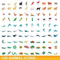 Ensemble de 100 icônes d'animaux, style dessin animé vecteur