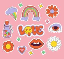 ensemble d'autocollants d'amour éléments groovy rétro, mignon hippie funky. amour de lettrage mignon dans un style groovy avec un visage souriant, des fleurs de marguerite, un arc-en-ciel et des lèvres. vecteur clipart 60s, 70s, 80s, 90s vibes élément