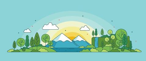 paysages d'été avec arbres et conception de vecteur d'illustration de montagne