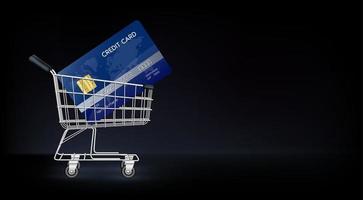 chariot de magasinage avec carte de crédit. achats en ligne e-commerce et paiement par carte de crédit simple et rapide. concept de paiement en ligne. vecteur 3D.
