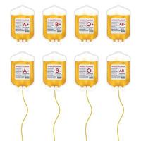 poche de sang plasma avec étiquette plasma différent groupe a, b, o et système rh. idées de don de plasma pour aider les blessés médicaux. illustration vectorielle 3d eps10 vecteur