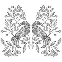 oiseau et fleur dessinés à la main pour livre de coloriage adulte vecteur