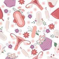 dessin harmonieux sur le thème de la menstruation avec utérus, tasses et tampons d'hygiène féminine sur fond blanc. illustration vectorielle plat coloré vecteur
