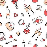 concept d'icônes de modèle sans couture de la saint-valentin. vecteur doodle accessoires romantiques bougies coeurs anneau bouteille et verres de vin, lèvres cadeau chocolat fraise