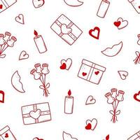 concept d'icônes de modèle sans couture de la saint-valentin. vecteur doodle romantique accessoires bougies coeurs verres de vin, fleur cadeau lèvres