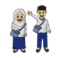 conception vectorielle de personnages uniques et mignons d'écoliers musulmans vecteur