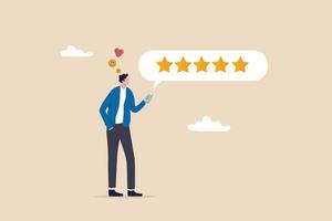 commentaires des clients de l'application mobile, évaluation ou expérience utilisateur, notation et satisfaction, qualité du produit et concept d'enquête en ligne, homme satisfait tenant un mobile donnant des commentaires d'évaluation de 5 étoiles. vecteur