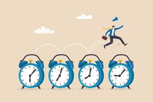 gestion du temps, procrastination ou productivité du travail, terminer le projet dans les délais, efficacité ou planification du travail, concept de projet à rythme rapide, expert en affaires sautant sur le réveil qui passe.