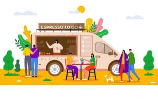 festival de cuisine de rue, personnes achetant du café à emporter dans un camion, véhicule. café mobile, café sur roues avec barista. personnages assis à table et marchant ensemble dans le parc de la ville, concept vectoriel