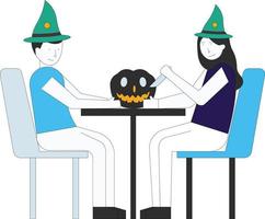 le garçon et la fille sont assis à une table et coupent des citrouilles d'halloween. vecteur