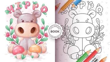 hippopotame avec livre de coloriage aux champignons vecteur