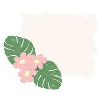 cadre rectangulaire abstrait avec une image de fleurs aux couleurs roses à la mode et des feuilles exotiques de monstera vecteur