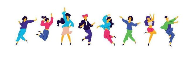 un groupe de jeunes filles et gars heureux dansent. vecteur. illustrations d'hommes et de femmes. style plat. un groupe d'adolescents heureux danse et s'amuse. vecteur