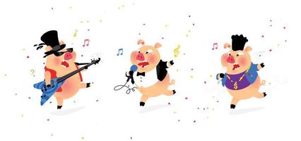 illustration de trois joyeux cochons musiciens. vecteur. style plat. musicien de rock cochon, chanteur de pop cochon. bonbons et vacances. personnages pour karaoké et boutique. principaux corparatifs. vecteur