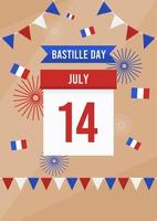 affiche du jour de la bastille avec calendrier montrant le 14 juillet et quelques drapeaux français pour la célébration du jour de la bastille vecteur