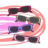 un ensemble de lunettes de soleil, accessoire de vol, sur fond rose géométrique