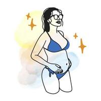 fille enceinte en maillot de bain, lunettes de soleil, ventre rond et gros, grossesse, saison de plage, griffonnage vecteur